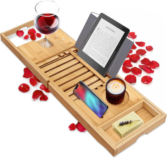 Luxury Bamboo Bathtub Caddy Tray - Adjustable Natural Wood Bath Tub Organizer with Wine Holder, Cup Placement, Soap Dish, Book Space & Phone Slot for Spa, Bathroom & Shower - SLBCAD20