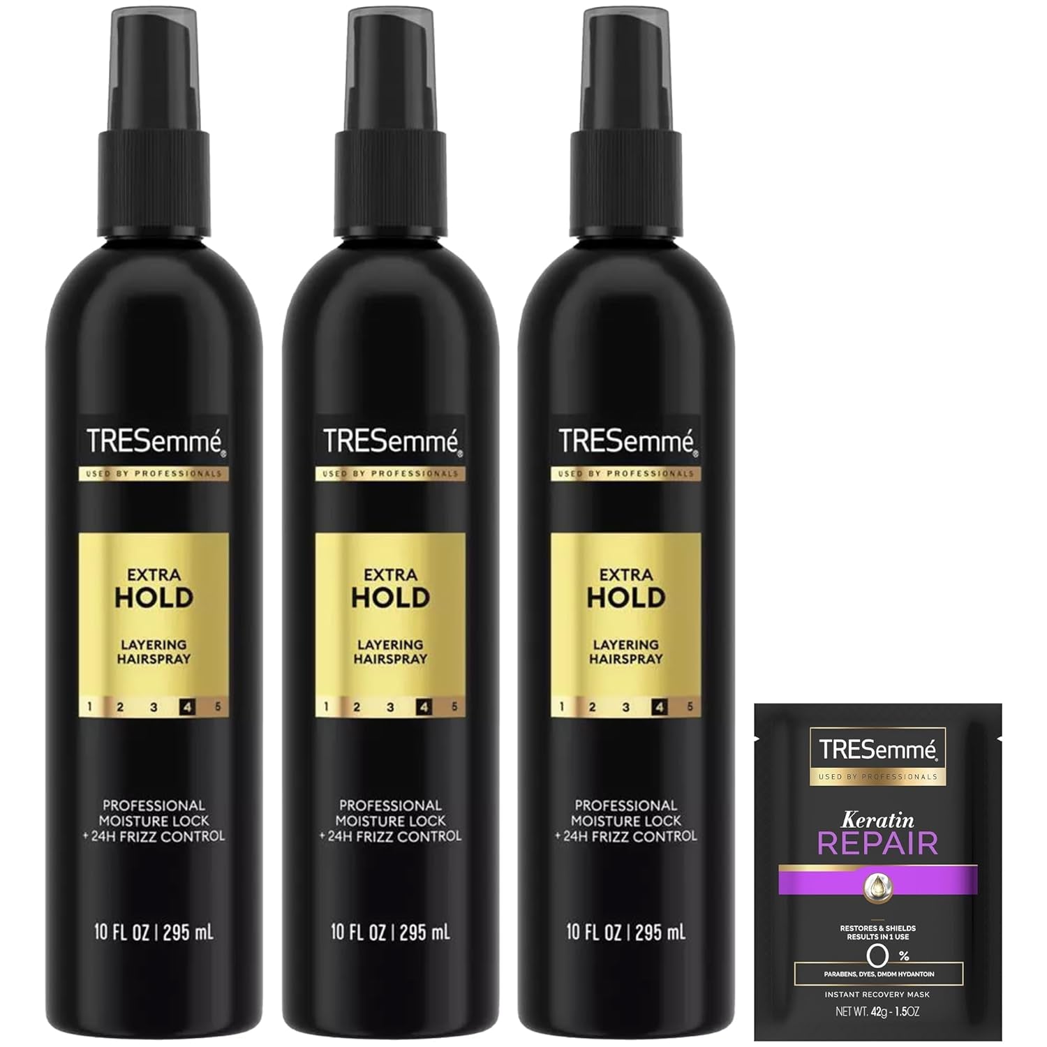 Tresemmé Hairspray, Non-Aerosol, Extra Hold, 3-Pack + Keratin Repair Hair Mask – Moisturizing Hair Spray, Anti-Humidity, Anti-Frizz Hair Products (4 Piece Set)